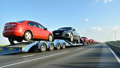 Car hauler truck on the highway delivering vehicles across the U.S. Car hauler truck on the highway delivering vehicles across the U.S.